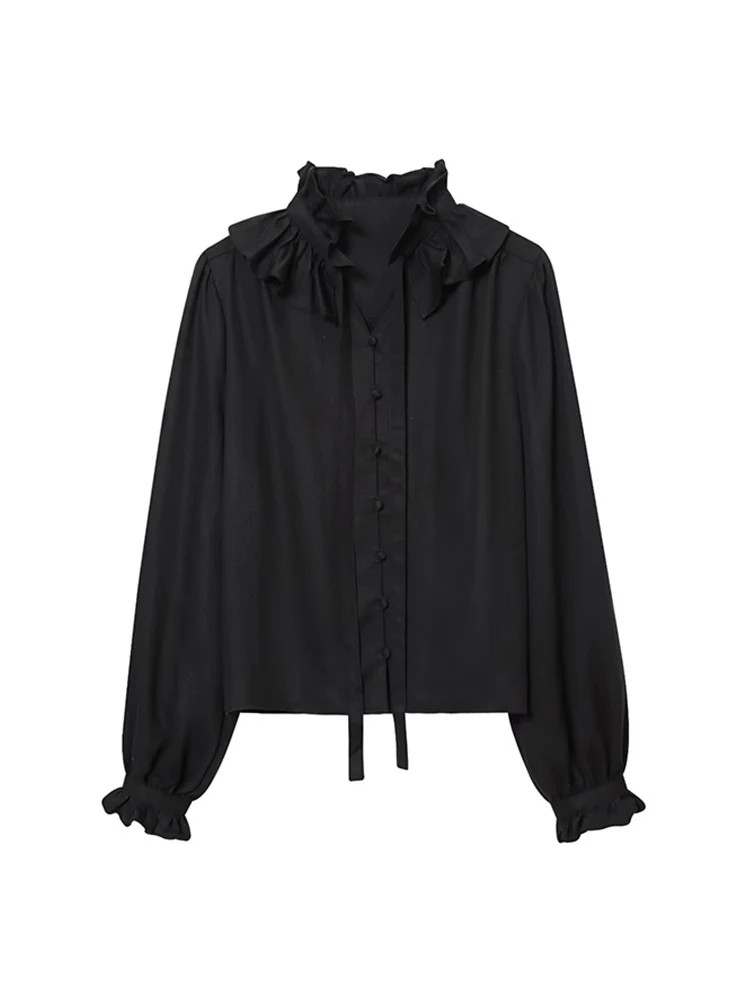 Women's Ruffle High Neck Blouse Fashion Solid Lace Up Long Sleeves Fitted Shirts Vintage Elegant Button Up Party Shirts 2026 New