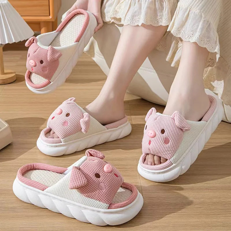 2024 New Pink 3.5cm Fashion Soft Ladies Casual Cute Piggy Pattern Design Comfortable Female Linen Home Slippers