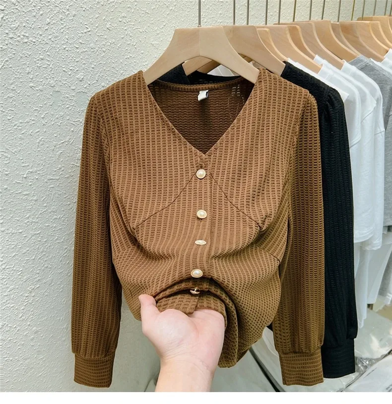 

New French Solid Color Women Shirt Simple Basic Casual Slim Chic Woman Shirt Black Fashion V-neck Long-sleeved Top Female