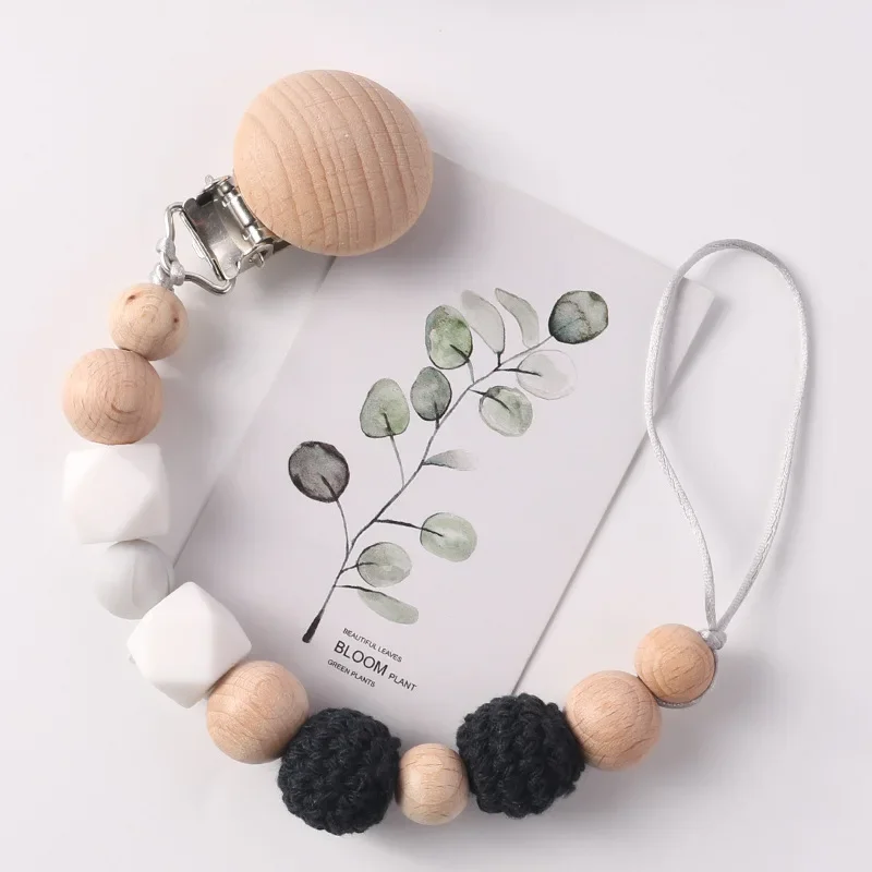 Pacifier Clip Baby Wood Silicone Crochet Beads Soothe Teethers Toy Dummy Nipple Holder Anti-drop Chain