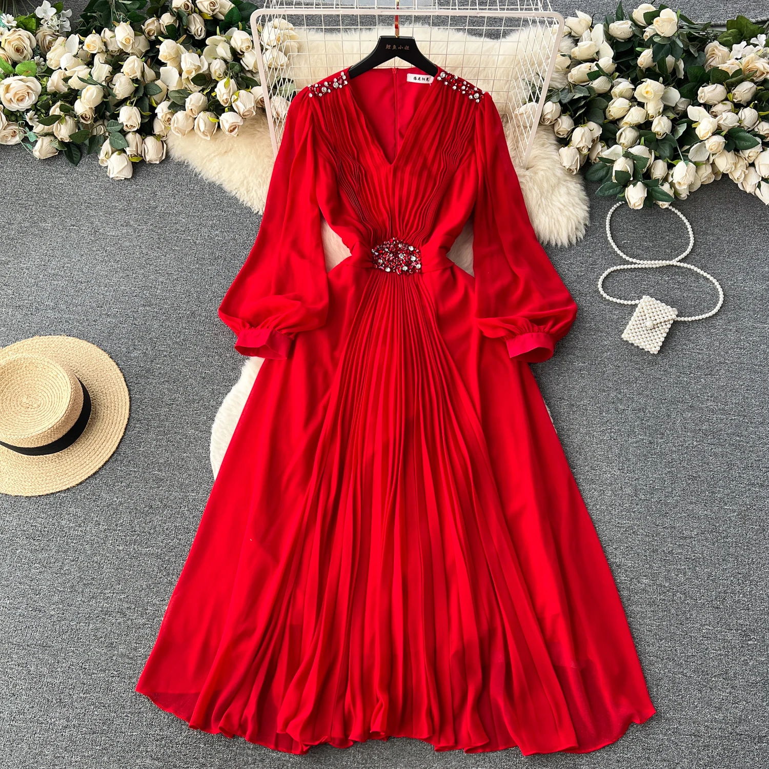 

French Retro Fashion High-end V-neck Lantern Sleeve Nail Diamond Dress For Women Dice Traf Official Store Deat 3 Store Zatify