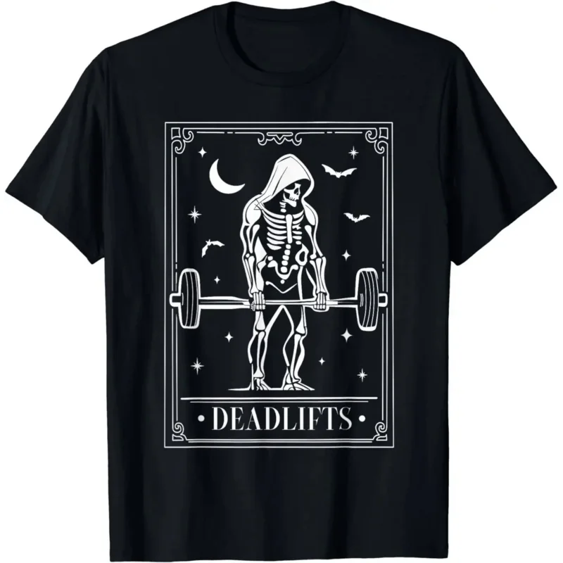

TarotcarddeadliftsskeletongymspookyseasonHalloweenT-shirtcasualstreetweargraphictshirtsshirtsformenwomen