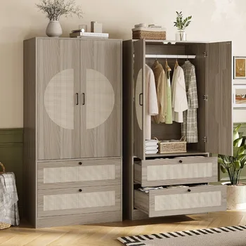 Modern Boho Wardrobe Closet with Rattan Door & 2 Drawers — 65" Freestanding Armoire 1