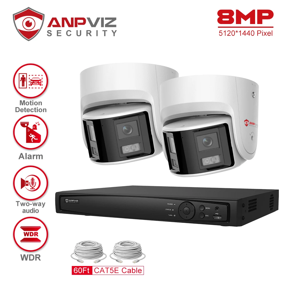 Anpviz 8CH 4K NVR 8MP Dual Lens POE Camera Ultra Wide Angel 180° Panoramic Camera Real Time System Kit AI Vehicle Detection IP67