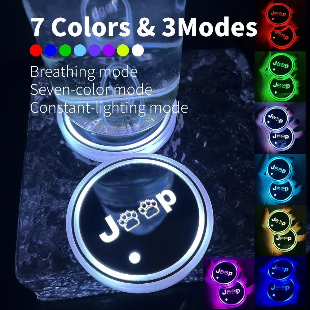 SOUTES LED Sottobicchieri Auto per Jeep Renegade 2020-2024, 2 Pezzi Sottobicchiere con 7 Colori Luminescenti Pad Portabicchieri Interni Accessori