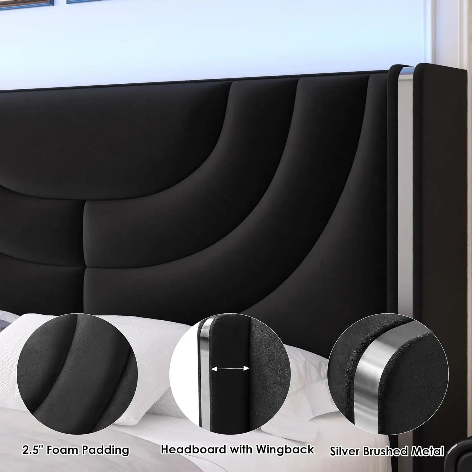 Queen Upholstered LED Bed Frame with 2 Storage Drawers, Velvet Platform Bed with Wingback Headboard, Solid Wooden Slats Support