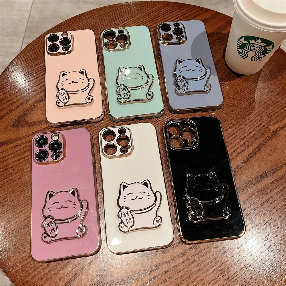 

Lucky Cat Phone Case for iPhone 15 14 13 12 11 Pro Max Mini 7 8 Plus XR X Xs Max Luxury Plating Soft Case Folding Stand Silicone