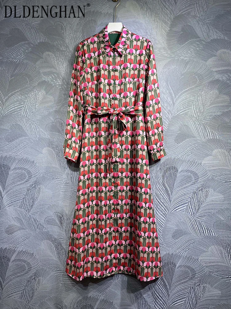 

DLDENGHAN Early Autumn Long Dress Women Lantern Sleeve Belt Floral Print Single Breasted Vintage Dresses Fashion Designer New