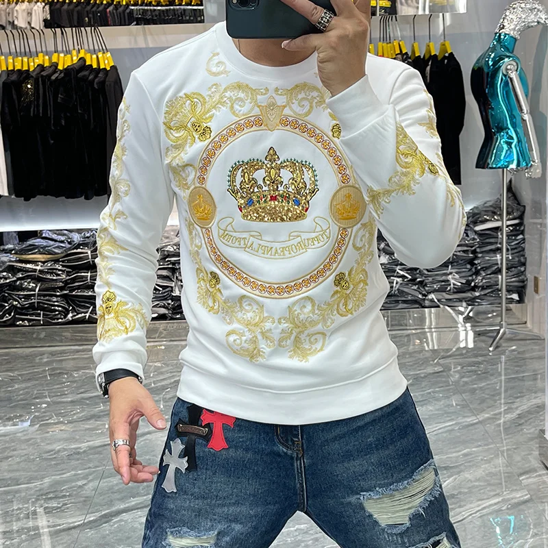 Luxury Gold Black Sudadera Hombre Baroque Embroidery Sequin Crown  Sweatshirts Men Club Outwear Sweat Homme Harajuku Sweatshirt