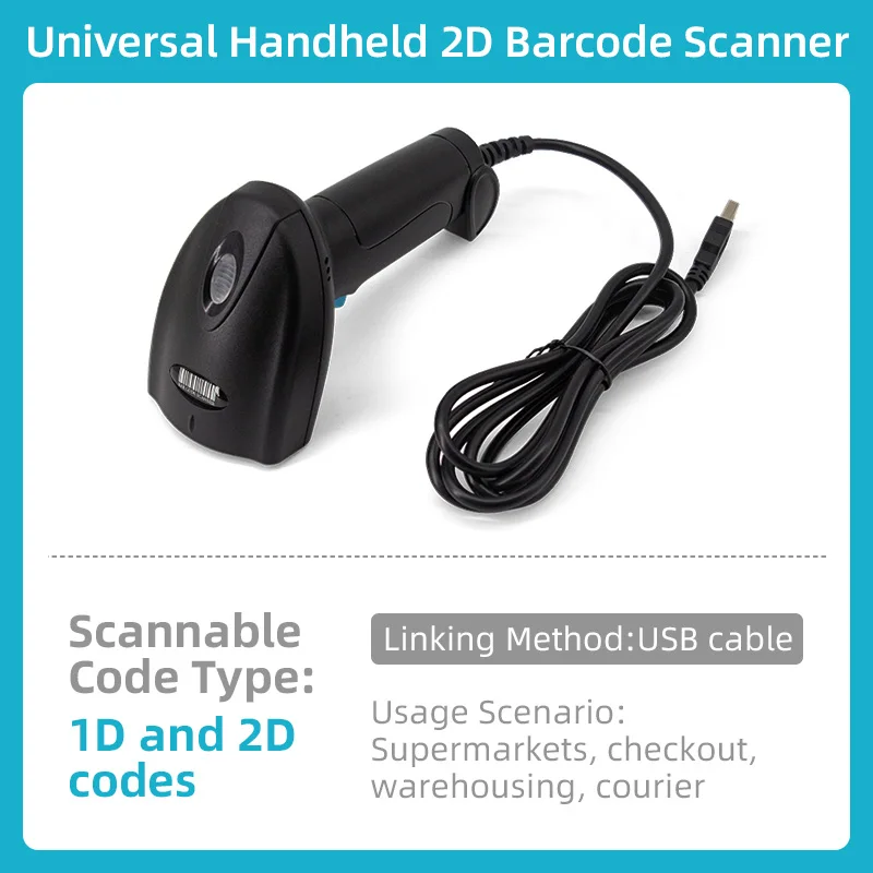 1D 2D QR Handheld Barcode Scanner Barcode Reader USB Wired PDF417 EAN13 Code 1.5m drop Universal Handheld 2D Scanner U2