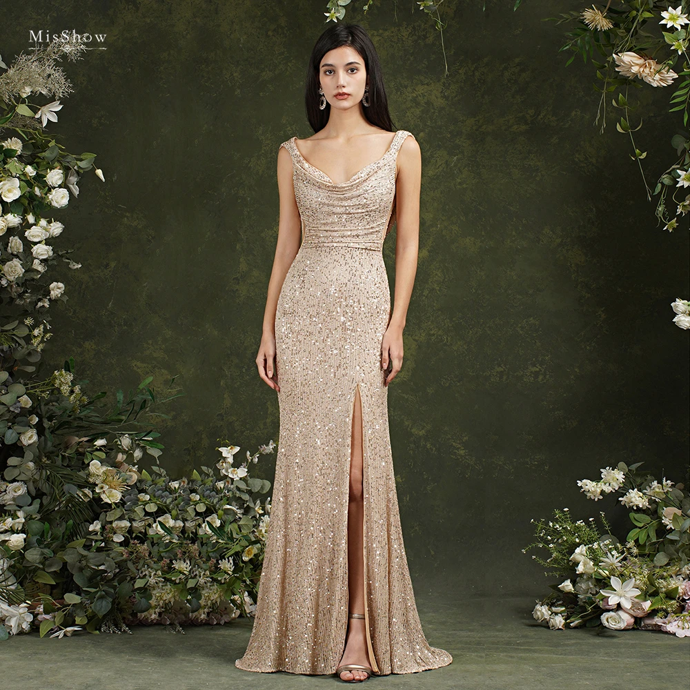

2022 MisShow Long Bridesmaid Dresses With Beading Sexy Slit Side Formal Lady Party Dresses Vestido De Festa Custom Dresses