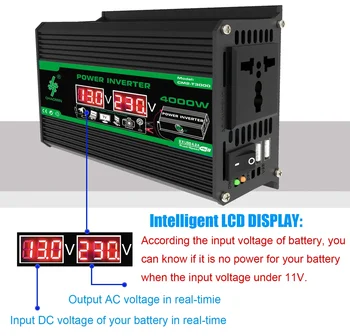 4000W Solar Inverter Banca di potere portatile DC 12V a AC 110/220V Doppio USB Display LCD Convertitore per auto per campeggio RV Spina universale