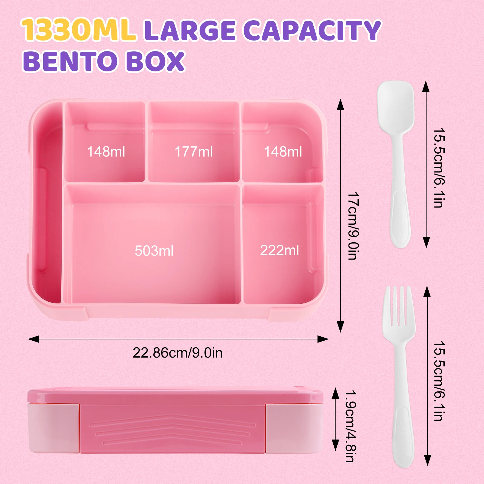 Pink Bento Lunch Box For Kids Girls Microwave Oven Bento Box With 6 Compartments BPA-Free Snack Food Container for School Picnic - 2