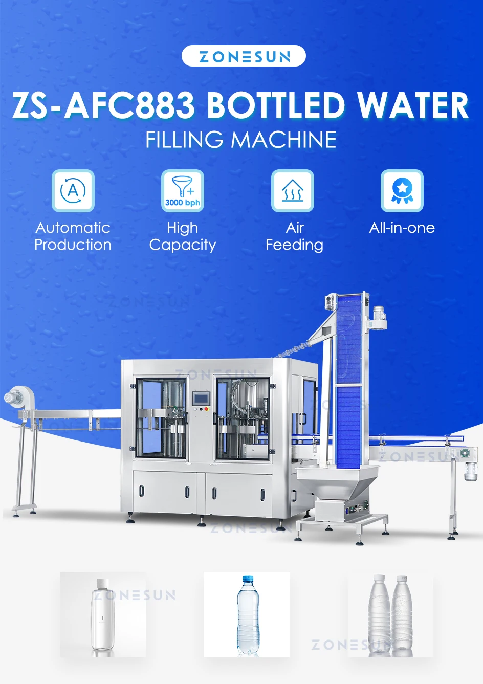 ZONESUN ZS-AFC883 Liquid Bottle Rinsing Filling Capping Production Line