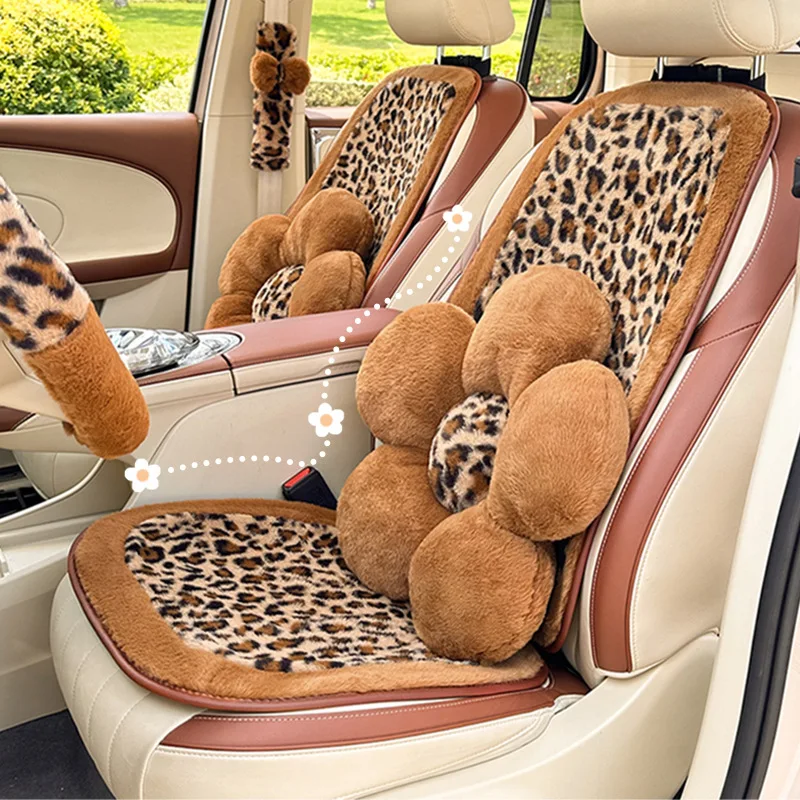 Fashion Leopard Print Car Seat Cover Soft Plush Leopard Steering Wheel Cover Winter Women Auto Interior Accessories Seat Pad
