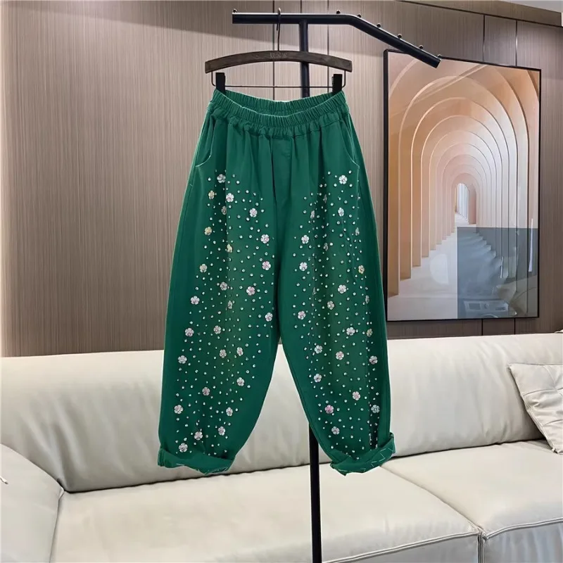 Heavy-Duty Beaded Sequined Colored Jeans Women's 2024 Spring Summer New Elastic Waist Loose Straight Personality Casual Trousers