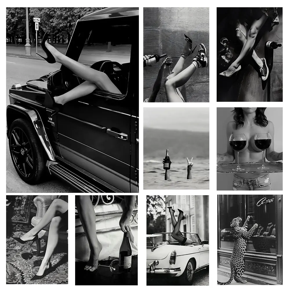 Black and White Luxury Cars, Shoes, Wine Canvas Painting Leopard Poster Print Wall Fashion Art for Living Room Home Office Decor