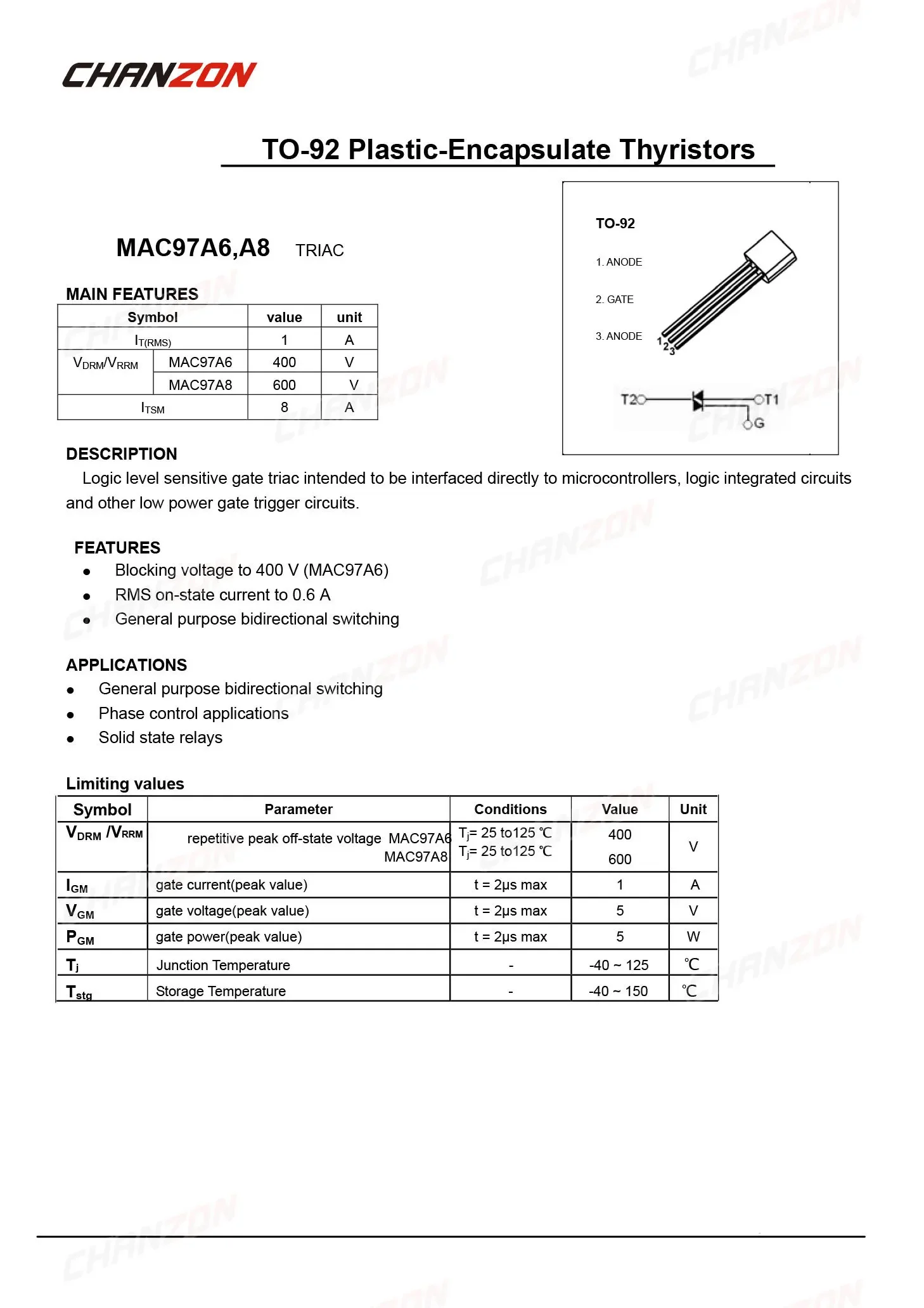 50Pcs MAC97A8 ZU-92 Triac SCR Transistor Bipolar Junction BJT Triode Thyristor Rohr Fets Logic Level 1A 600V Integrierte Schaltungen – Detail 4