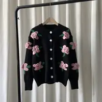 Casual Sweater Female 2023 Cardigan Women Sweater Loose Outer Coat Long Sleeve 3D Flower Round Neck Knitted Cardigan Female 1