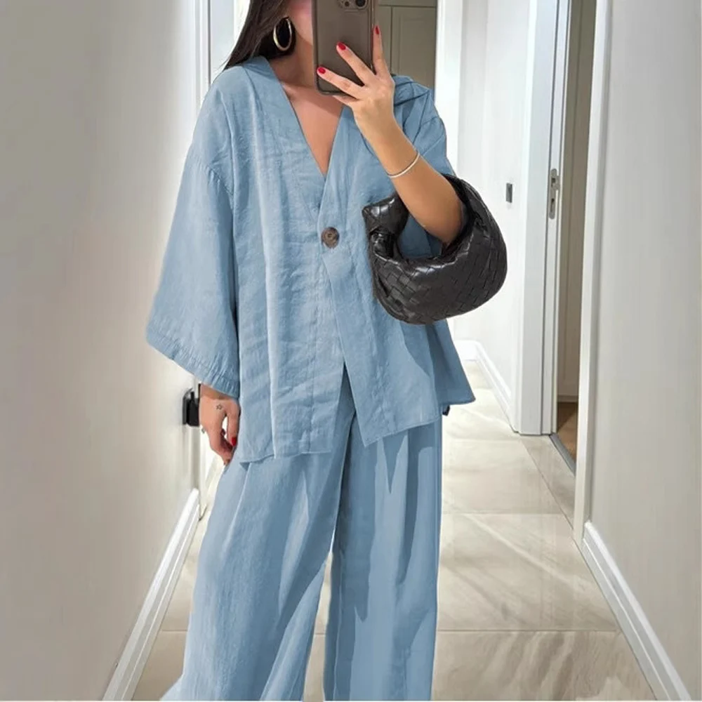 Casual Women V Neck Long Sleeve Blouse and Wide Leg Pant Suits