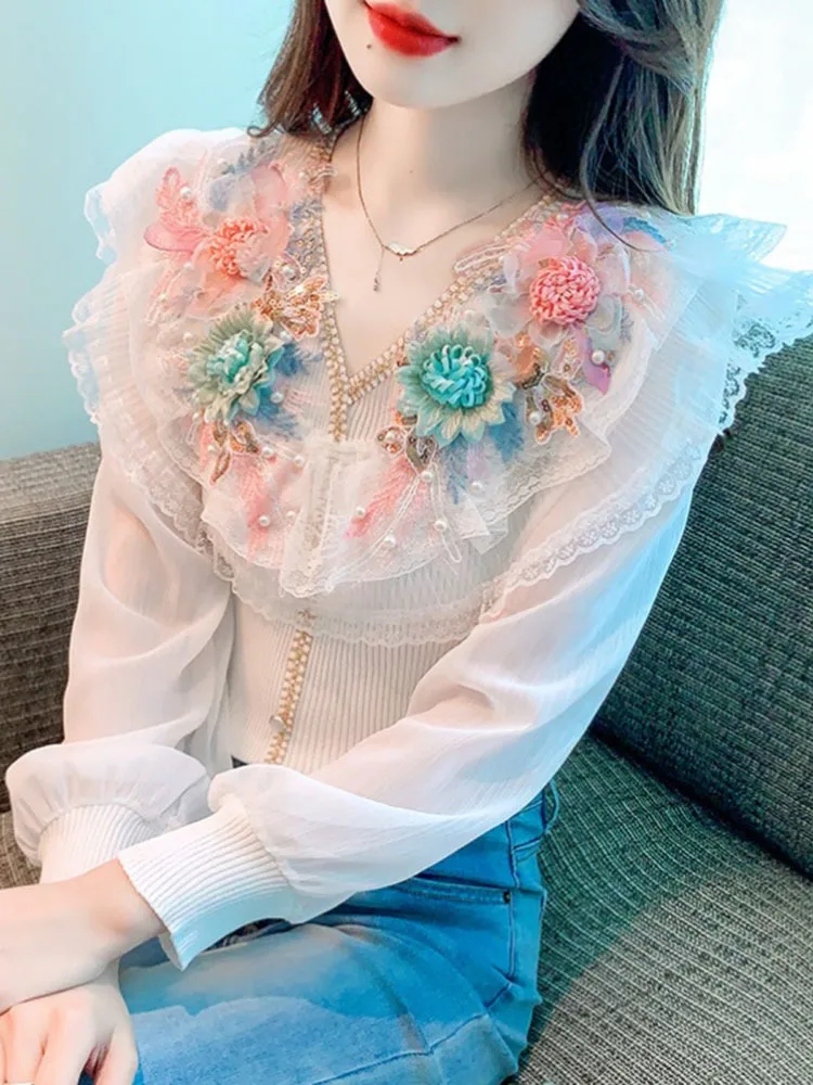 

Женская трикотажная шифоновая блузка с цветочным кружевом и вышивкой, Осенний топ в стиле пэчворк, новинка 2024, красивая блузка с длинным рукавом и V-образным вырезом