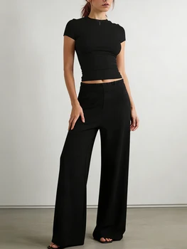 Women's fashionable casual minimalist short-sleeved top and wide-leg pants set, suitable for commuting and comfort 1
