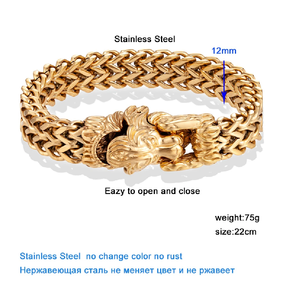 Mens Lion's Head Black Leather Gold Stainless Steel Bracelet-vachngandaiphat.com.vn