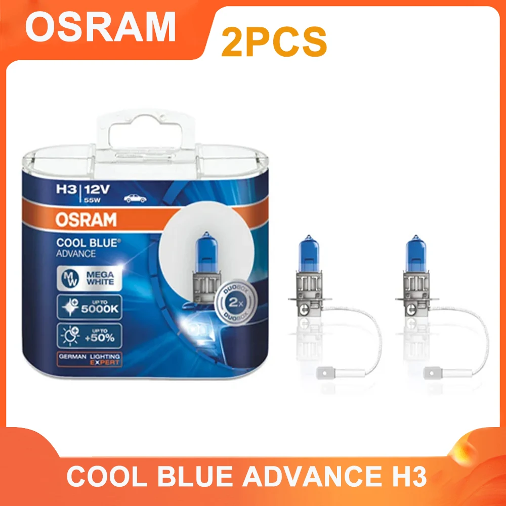 

OSRAM H3 62151CBA PK22s прохладные синие галогенные лампы, ксенон Mega White, 12 В, 55 Вт, 5000K, 50% больше фотоголовного света, Автомобильные противотуманные лампы OEM