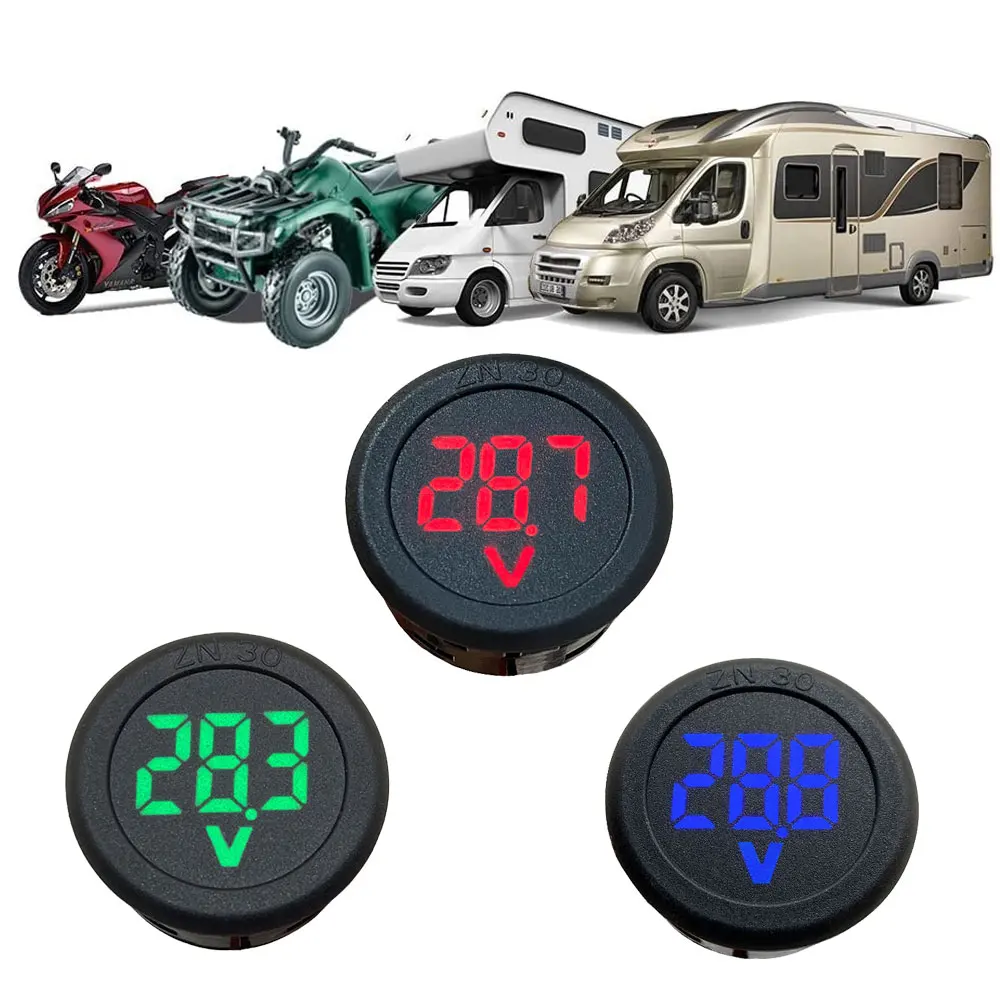 DC 5-100V LED Digital Display Round Two-wire Voltmeter DC Digital Car Voltage Current Meter Volt Detector Tester Monitor Pane