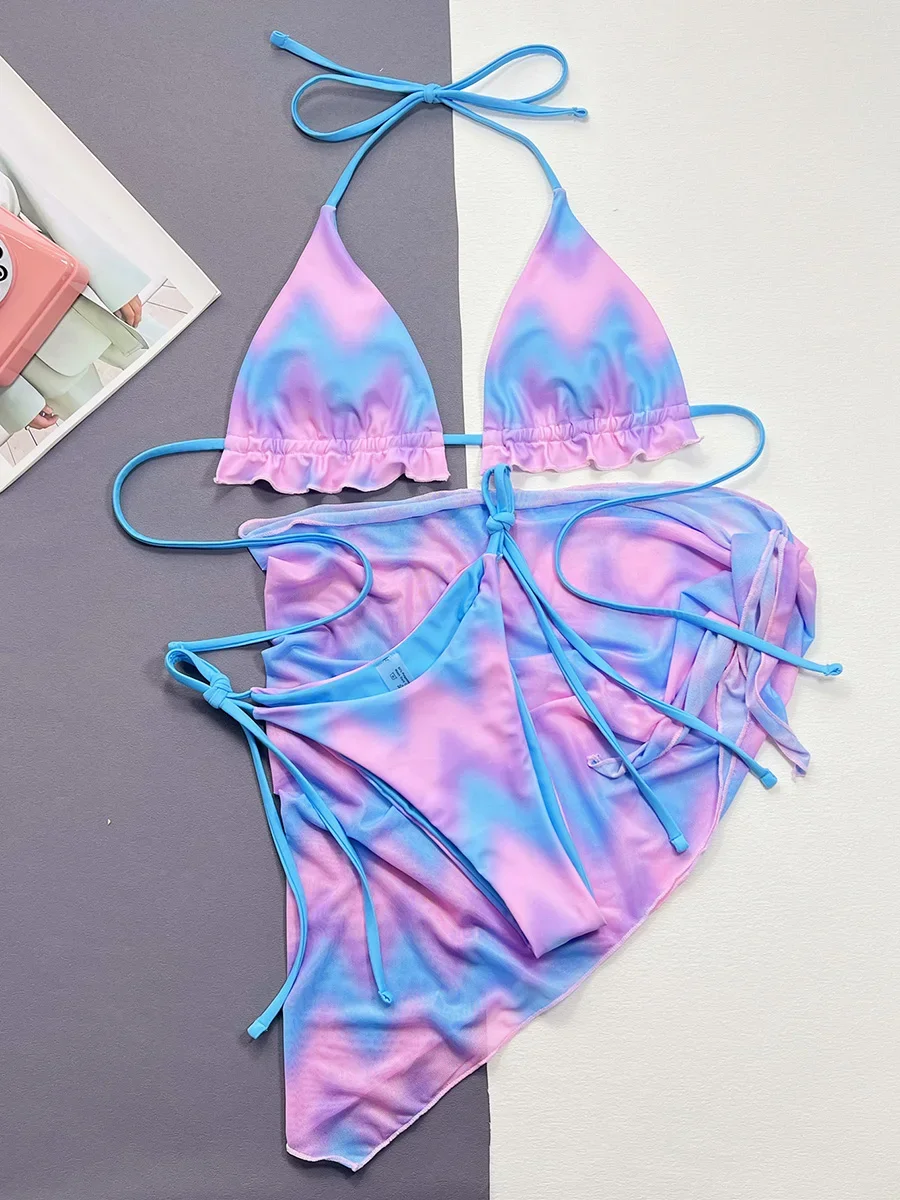 3 PCS Tie Dye Ruffled Frilled Bikini Women Swimsuit Female Swimwear Three-piece Bikini Set Mesh Sarong Bather Bathing Suit Swim