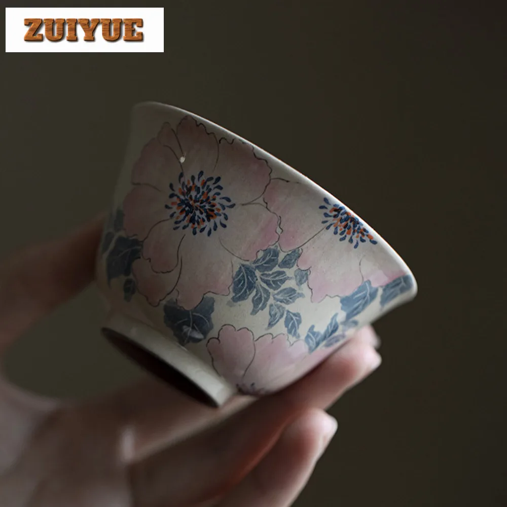 118ml Pure Hand-painted Peony Gaiwan Ancient Rough Pottery Powder Yin Tea Tureen Tea Maker Cover Bowl Chinese Set Decoration