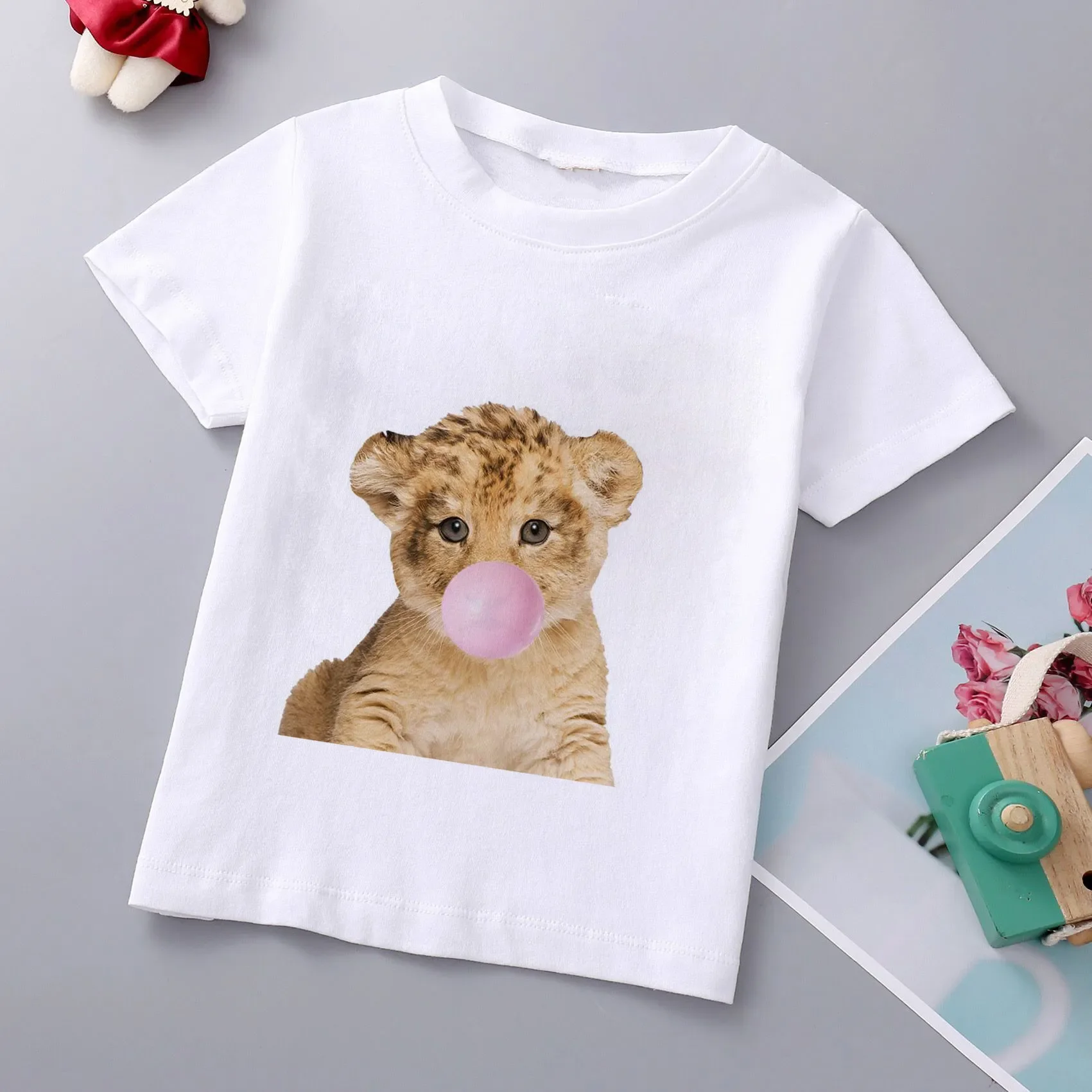 

Summer 2024 Girls Clothes Cute Bubble Gum Animal Cat Pug Bulldog Clothes T-shirts Kid Girl Boy Short Sleeve Tops Kids T-shirts