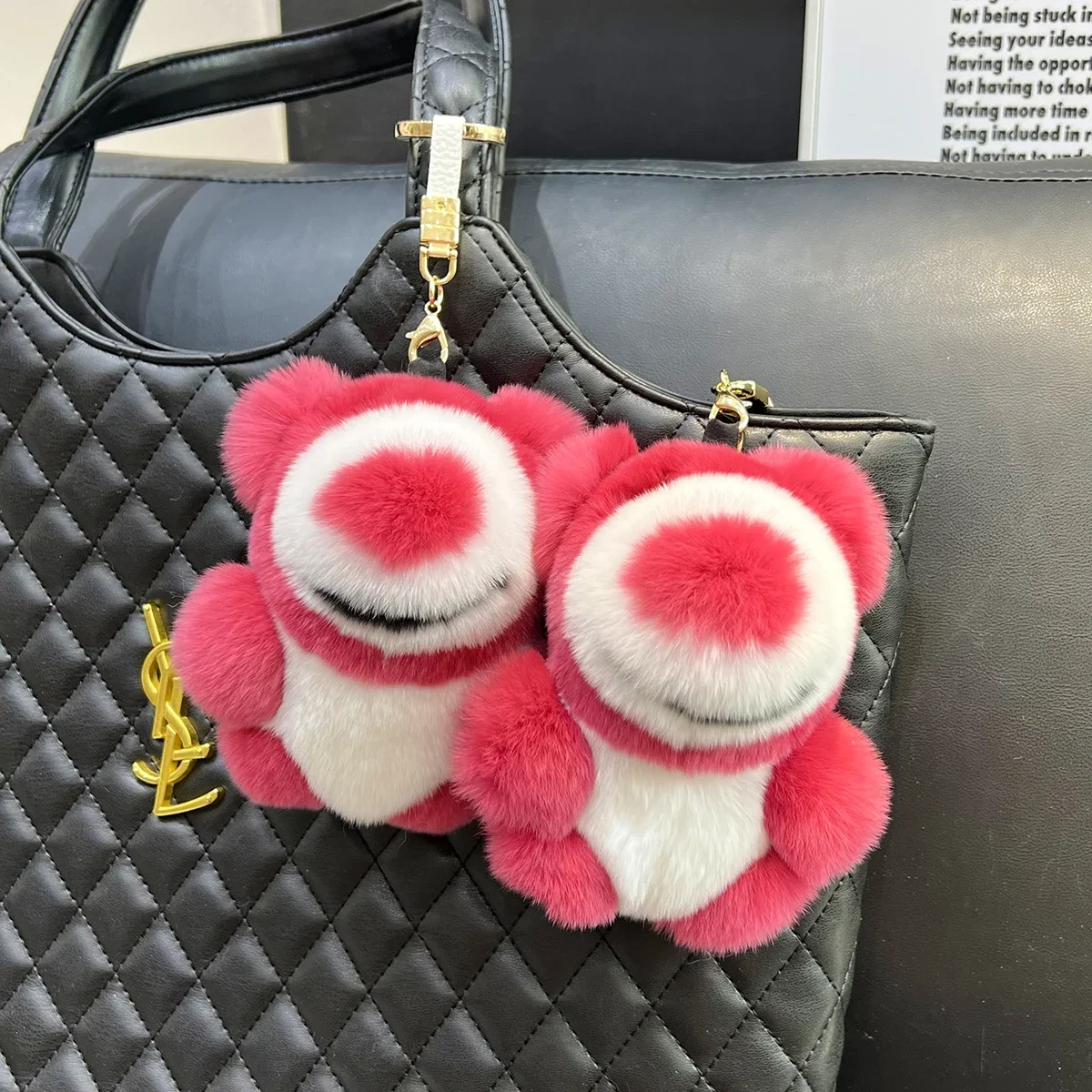 

Plush Real Rex Rabbit Fur Bear Pendant Keychain Women Cute Strawberry Bag Car Key Ring Charm Ornaments Trinkets Girl Toy Gift