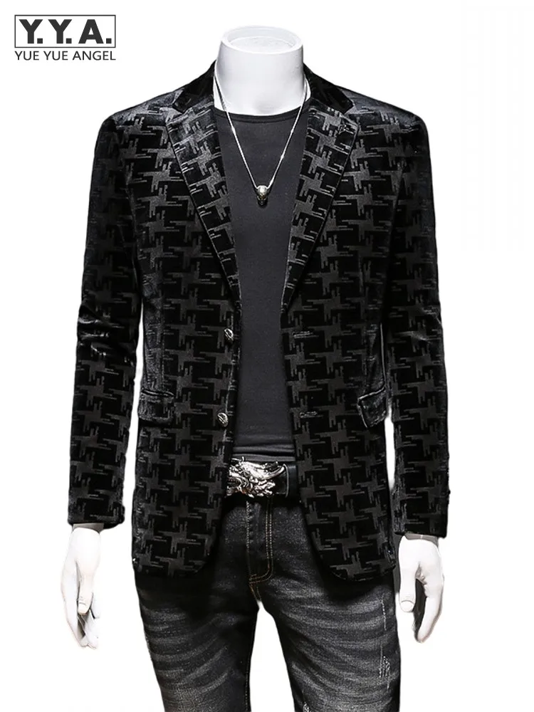 

Business Men Slim Fit Velvet Jacquard Blazer Spring Autumn New Office Work Cargo Suit Coat Single Breasted Banquet Party Jacket