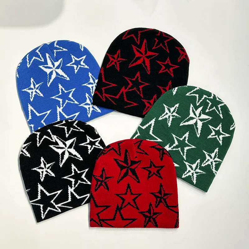 Autumn and Winter Star Pentagram Knitted Hat Vintage Men's and Women's Woolen Hip Hop Print Beanie Hat Outdoor Sports Warm Cap knitted hat,knitted cap,knitted beanie,embroidered beanies,skullies beanies,fashion beanies,winter hat