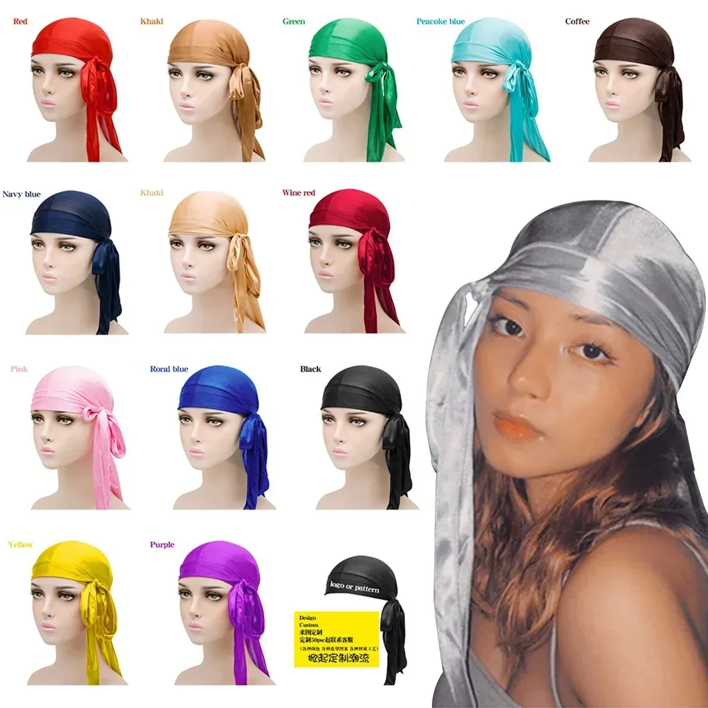 Unisex Silky Durags Bandanas Turban Hat Wigs Doo Men Satin Durag Biker Headwear Headband Hair Accessories Extra Long Tail Du-Rag 2