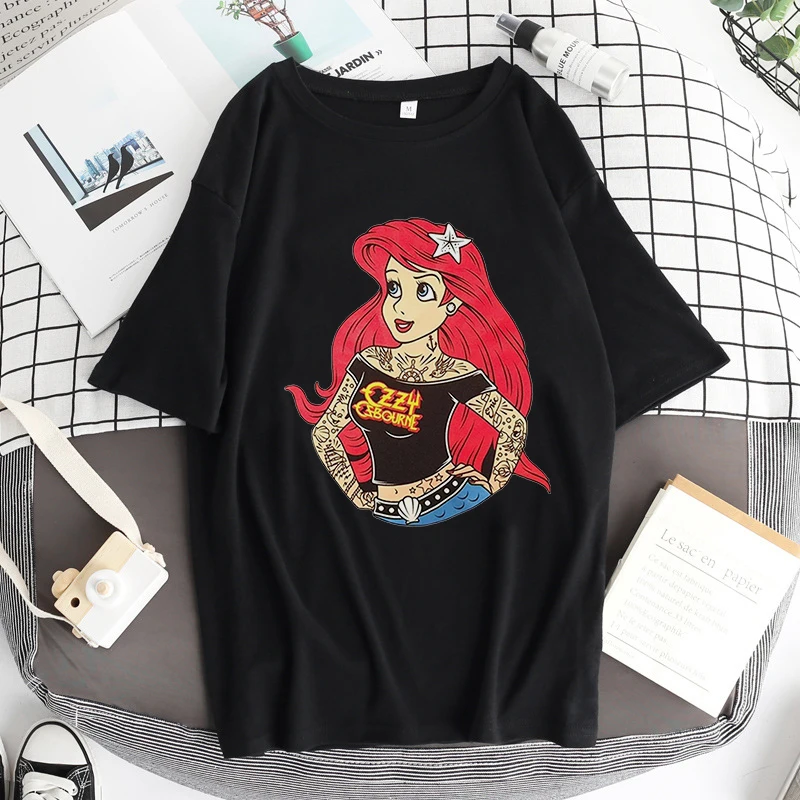 Alice In Wonderland T Shirt Women Cotton Tops Black Alice Snow White Princess Print Casual Short Sleeve 90s Fashion T-shirt t shirt palm angels Tees