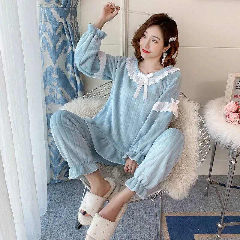 Square Collar Women Pajamas Set Winter Sleepwear Fleece Velvet 2 Piece Pant Home Suit Fluffy Korean Solid Piiama Warm Night Wear