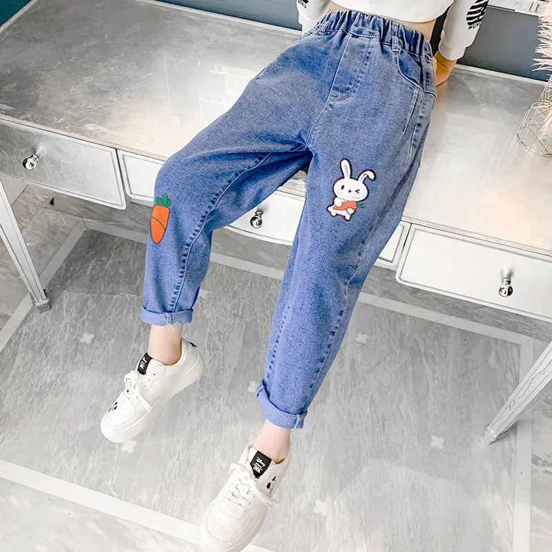 Fashion Girls Cartoon Rabbit Embroidered Jeans Kids Pants Korean Girls Slim-Fit Denim Trousers 3-12 Year Old
