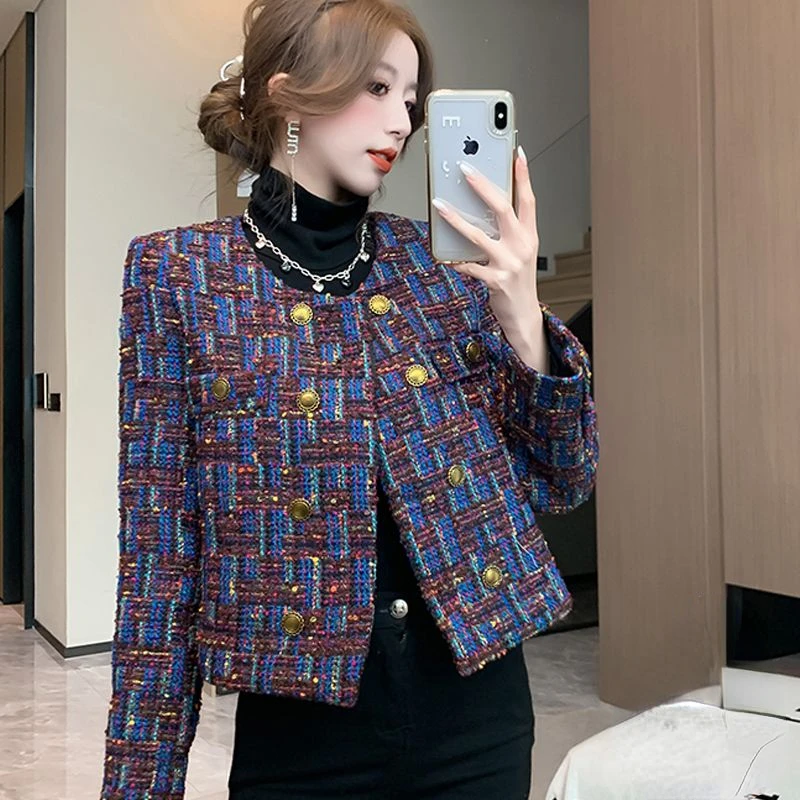 Luxury Vintage Tweed Cropped Jacket Metallic Buttons Korean Chic Long Sleeves O-neck Tops Office Ladies Coats High-end Clothing