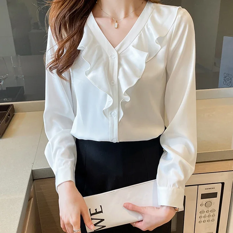 

Новые Модные Атласные Пуговицы Женские Рубашки 2022 Офисные Леди С Длинным Рукавом V-образным Вырезом Женская Блузка Топы Женская Одежда Blusas 20387