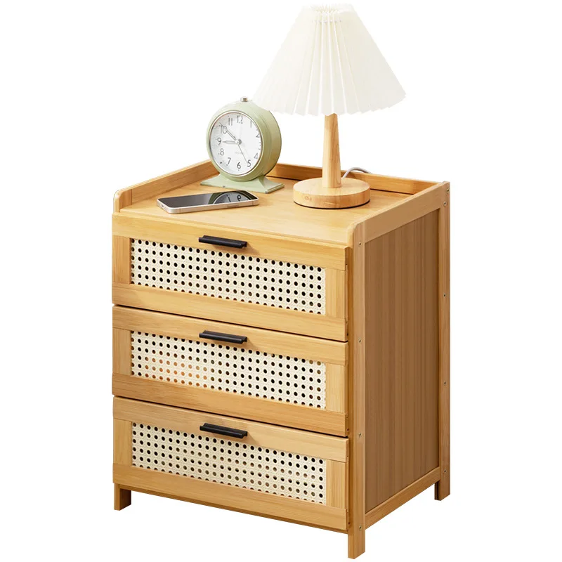 Bamboo Bedside Table Nordic Living Room Cabinet Bedroom Nightstand Shelves Rattan Weaving Modern Storage Cupboard with Drawer