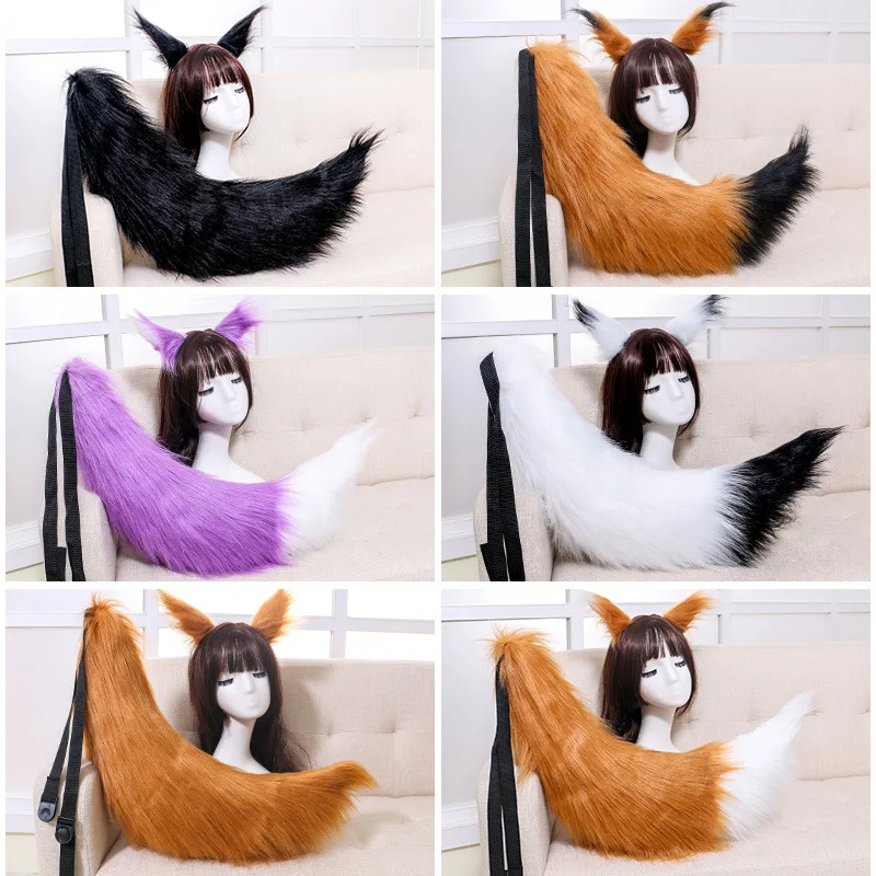 Women Cute Faux Fur Wolf Ears Headband Realistic Fluffy Furry Anmimal Long Tail Set Halloween Party Anime Lolita Cosplay Costume elf ears for halloween cosplay