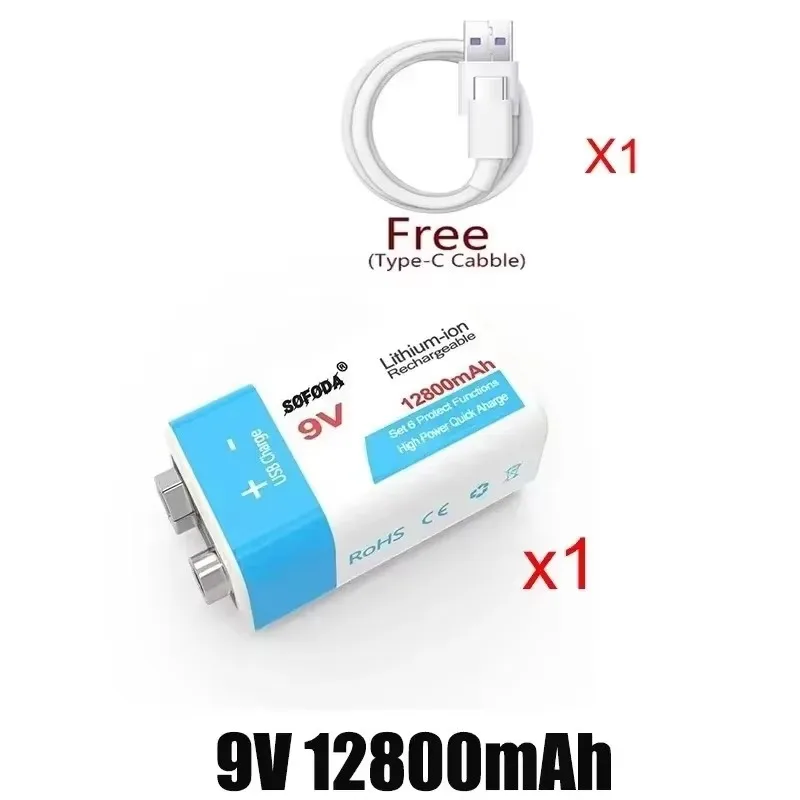 New 9V Rechargeable Battery 12800mAh 6F22 Micro USB 9v Li-ion Lithium Batteries for Multimeter Microphone Toy Remote Control KTV 6