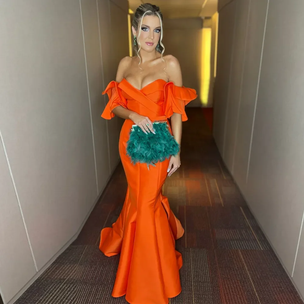 

Elegant Orange Mermaid Prom Dresses Off the Shoulder Ruffles Tiered Sleeve Evening Gown Long Graduation Party Gowns