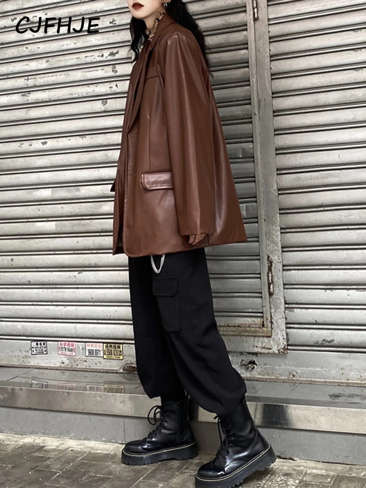 CJFHJE Korean Black Leather Moto Jacket Vintage Warm Female Loose Leather Suit Blazers Streetwear Fashion Women's Winter Coat