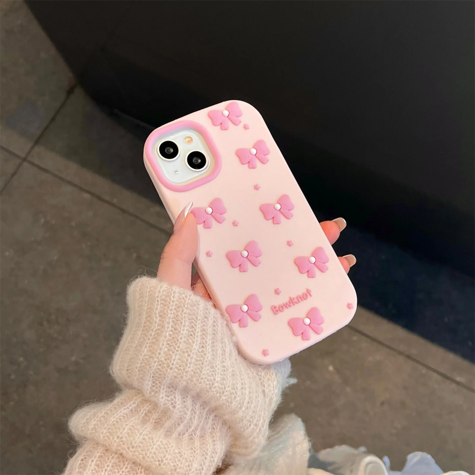 Cute Cartoon Pink Pearl Bow Shockproof Silicone Phone Case - Soft and Luxurious Protection
