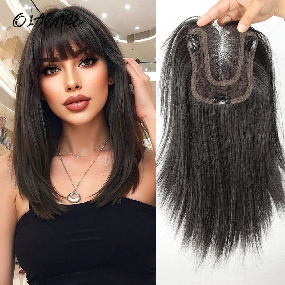 Natural Black Brown Synthetic Hair Toppers for Women Long Straight Hairpieces