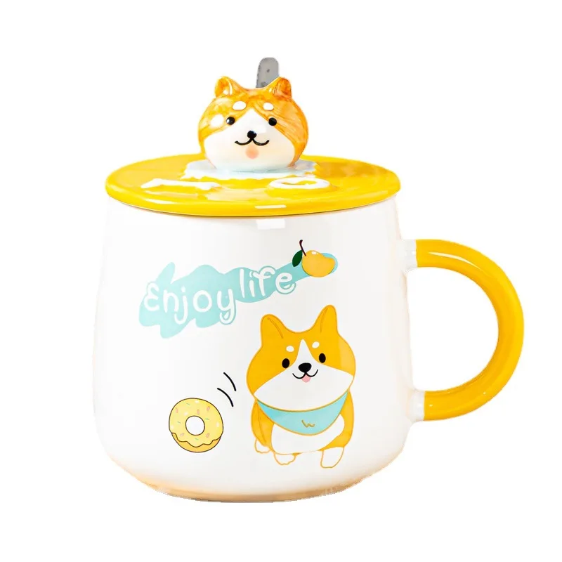 

New Cute Cartoon Ceramic Cup with Cover Spoon Girls Mug Super Cute Puppy Pattern Breakfast Milk Cup