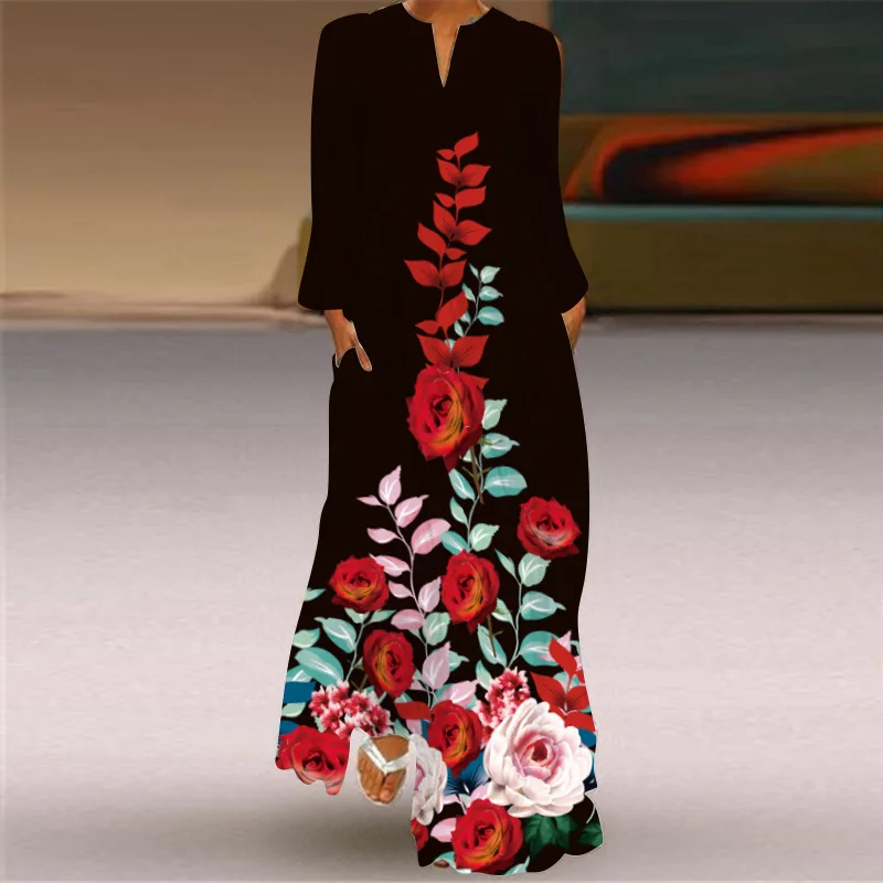 

Autumn Winter Elegant Pocket Maxi Dresses Rose Butterfly Floral 3d Print V Neck Casual Loose Boho Vacation Beach Dresses Robes